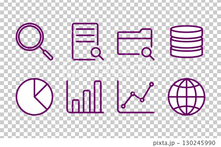 マーケティングと統計解析のアイコン集／棒グラフ・円グラフ・折れ線グラフなど／紫カラー線画 130245990