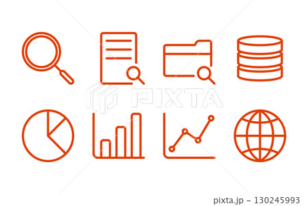 マーケティングと統計解析のアイコン集／棒グラフ・円グラフ・折れ線グラフなど／オレンジカラー線画 130245993