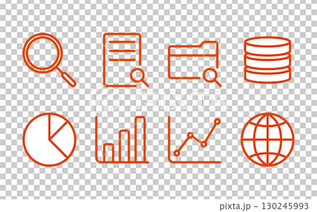 マーケティングと統計解析のアイコン集／棒グラフ・円グラフ・折れ線グラフなど／オレンジカラー線画 130245993