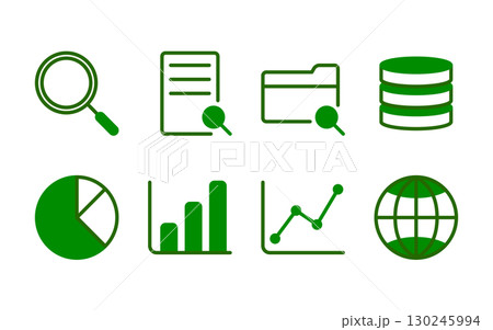 マーケティングと統計解析のアイコン集／棒グラフ・円グラフ・折れ線グラフなど／緑アクセンカラーフラット 130245994