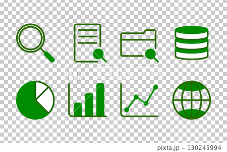 マーケティングと統計解析のアイコン集／棒グラフ・円グラフ・折れ線グラフなど／緑アクセンカラーフラット 130245994