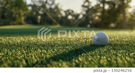 夕暮れのゴルフボールとグリーンの風景 130246258