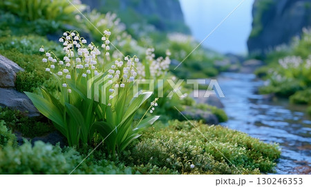 初夏の渓流沿いに咲くスズランの花 初夏の渓流沿いに咲くスズランの花 130246353