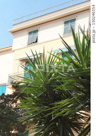 Late 20th century houses on street in an Italian village near sea. Traditional building. Sunny day. Entrance to house, window. Nature and sky. 130246354