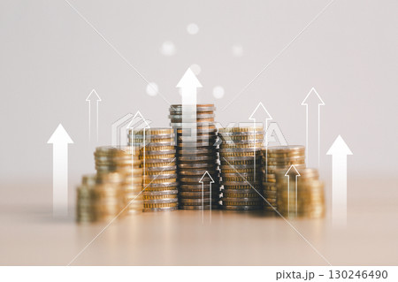 Stacks of coins with upward arrows representing financial growth, investment success, profit increase, wealth accumulation, economic development and money savings concept. Stacks of coins with upward arrows representing financial growth, investment success, profit increase, wealth accumulation, economic development and money savings concept. 130246490