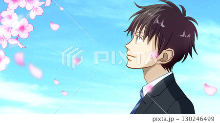 桜と花びら、学生または社会人の男性のアニメ風イラスト、左に余白 130246499