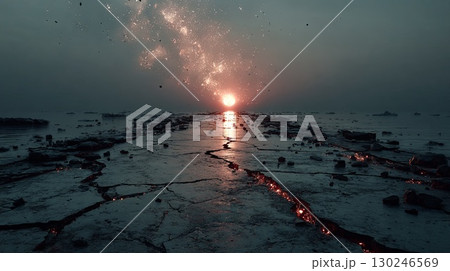 Sunset illuminating cracked lava field by the sea 130246569
