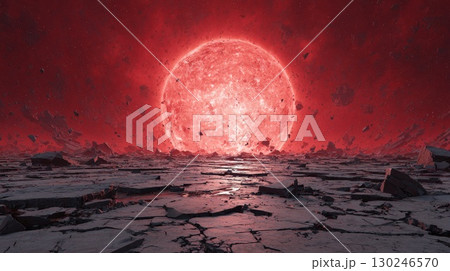 Red giant star setting on a dying planet with rocky landscape 130246570