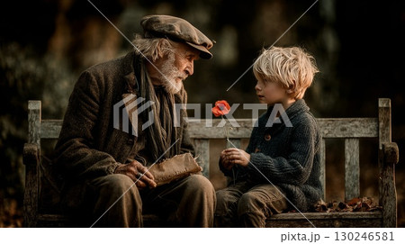 Child giving poppy flower to senior man on bench 130246581