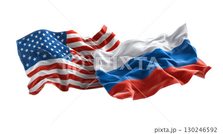 American and Russian flags waving together on white background 130246592