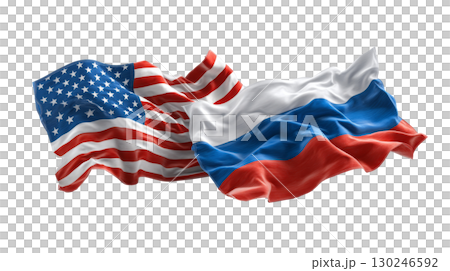 American and Russian flags waving together on white background 130246592