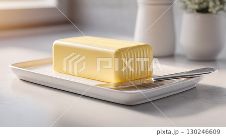 Butter curl on a stick of butter with butter knife on white plate 130246609