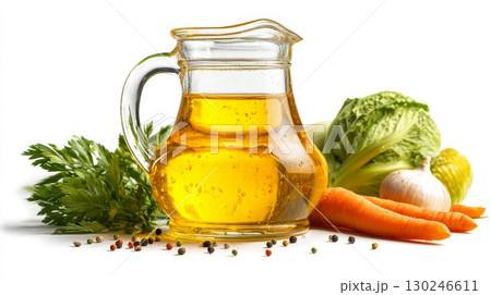 Glass jug of golden oil with fresh vegetables and peppercorns 130246611