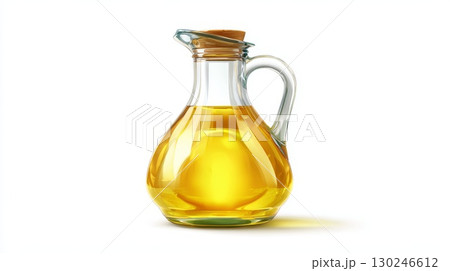 Small glass pitcher containing fresh vegetable oil on white background 130246612