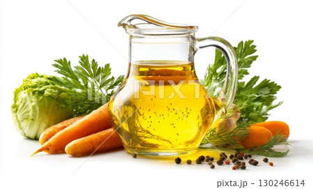Glass jug of golden oil with fresh vegetables and peppercorns 130246614