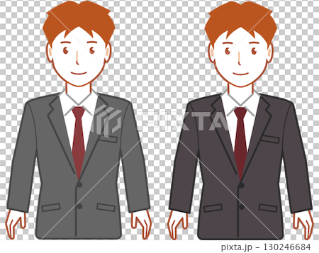 一位身穿灰色西裝、留著短髮、雙手垂下的年輕人 130246684