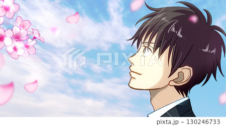 桜と花びら、学生または社会人の男性のアニメ風イラスト、左に余白 130246733