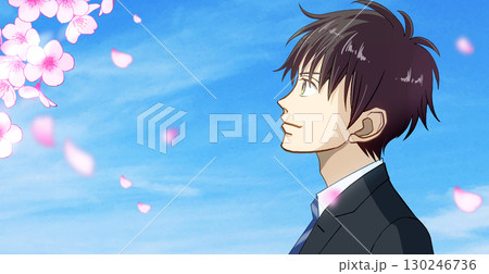 桜と花びら、学生または社会人の男性のアニメ風イラスト、左に余白 桜と花びら、学生または社会人の男性のアニメ風イラスト、左に余白 130246736