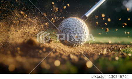 Golf club striking golf ball from sand trap, sending up a dramatic explosion of dust against a backdrop of lush green grass during sunset or sunrise, capturing dynamic energy and motion 130246794