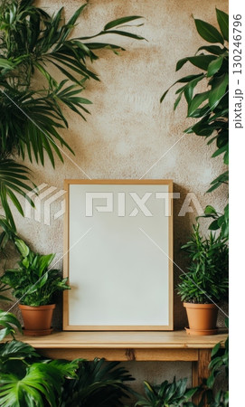Wooden frame mockup is standing on a wooden table with many plants surrounding it, creating a cozy and natural atmosphere for showcasing artwork or designs 130246796