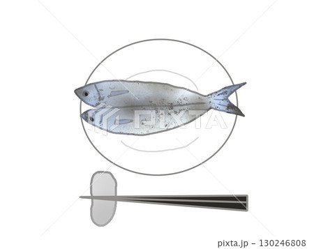 白いお皿に焼き魚が載せられた風景と箸のイラスト 130246808