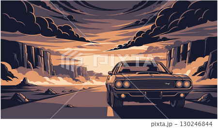 Classic Muscle Car on Desert Highway Sunset 130246844