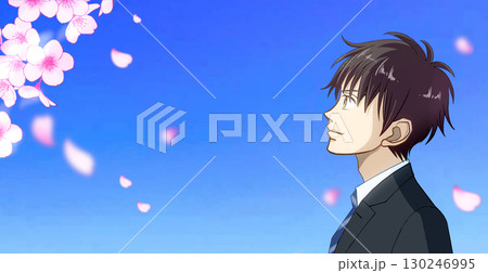 桜と花びら、学生または社会人の男性のアニメ風イラスト、左に余白 130246995