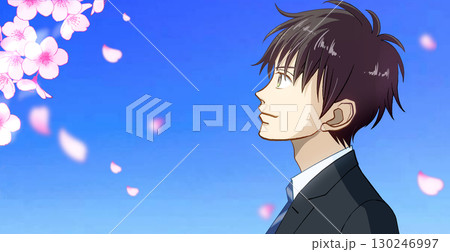 桜と花びら、学生または社会人の男性のアニメ風イラスト、左に余白 桜と花びら、学生または社会人の男性のアニメ風イラスト、左に余白 130246997