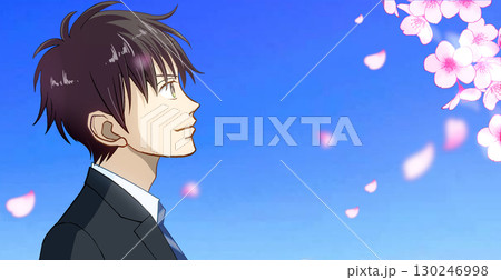 桜と花びら、学生または社会人の男性のアニメ風イラスト、右に余白 桜と花びら、学生または社会人の男性のアニメ風イラスト、右に余白 130246998