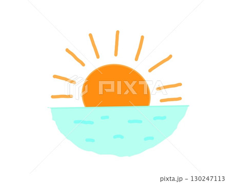 海の水平線から顏を出すシンプルな太陽のイラスト 130247113