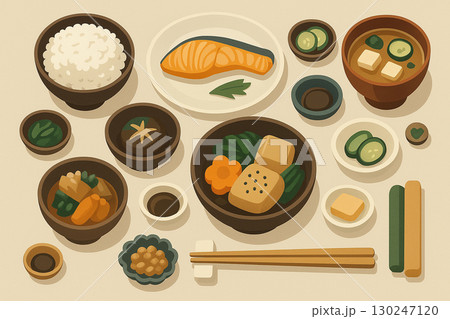 ご飯・味噌汁・漬物が揃った和定食のイラスト ご飯・味噌汁・漬物が揃った和定食のイラスト 130247120