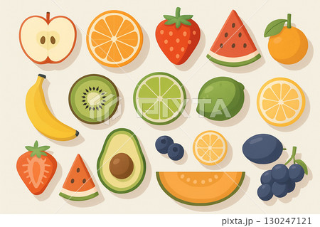 りんご・オレンジ・いちご・スイカなどの果物のイラスト りんご・オレンジ・いちご・スイカなどの果物のイラスト 130247121
