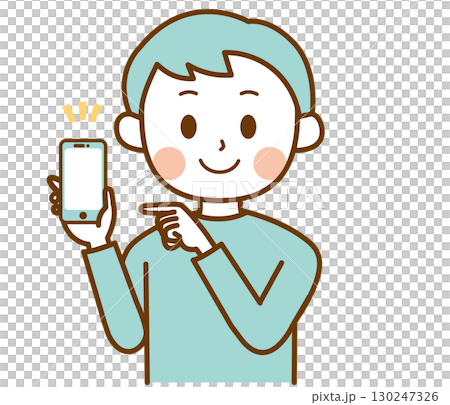 Illustration of a man pointing at a smartphone 130247326