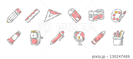 Education and School supplies . Hand drawn icon cartoon illustration collection . Set 2 of 3 . Vector . Education and School supplies . Hand drawn icon cartoon illustration collection . Set 2 of 3 . Vector . 130247489