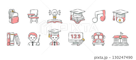 Education and School supplies . Hand drawn icon cartoon illustration collection . Set 3 of 3 . Vector . 130247490