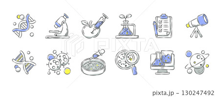 Science and Laboratory . Hand drawn icon cartoon illustration collection . Set 1 of 3 . Vector . Science and Laboratory . Hand drawn icon cartoon illustration collection . Set 1 of 3 . Vector . 130247492