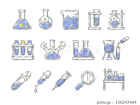 Science and Laboratory . Hand drawn icon cartoon illustration collection . Set 3 of 3 . Vector . 130247494