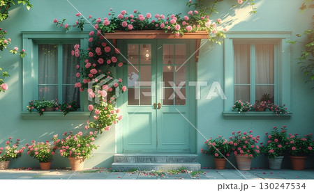 可愛らしいミントグリーンのカフェ：バラに囲まれた入口 130247534