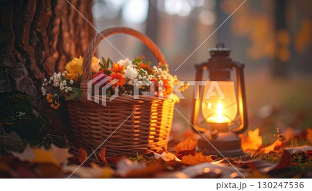 ランタンの灯りと秋の花かご：暖かな森の風景 130247536