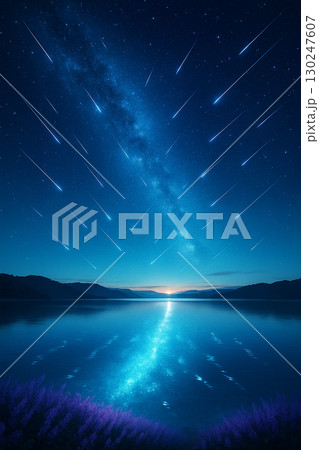 流星群が湖面に映り込む青く輝く幻想的な風景 130247607