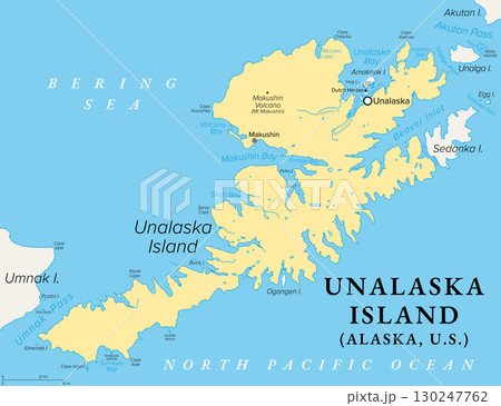 Unalaska Island, Alaska, United States, political map. Part of the Fox Islands of the Aleutian Islands. Unalaska covers part of the island and neighboring Amaknak Island where Dutch Harbor is located. Unalaska Island, Alaska, United States, political map. Part of the Fox Islands of the Aleutian Islands. Unalaska covers part of the island and neighboring Amaknak Island where Dutch Harbor is located. 130247762