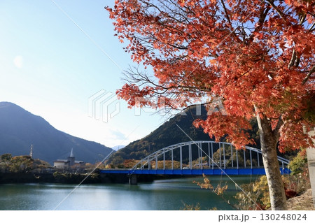 紅葉の丹沢湖に架かる橋 130248024