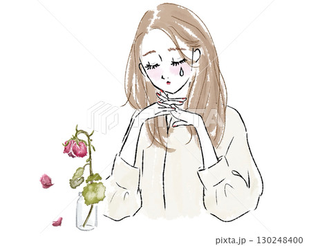 枯れたバラと頬杖をついて悲しみ泣く女性 枯れたバラと頬杖をついて悲しみ泣く女性 130248400