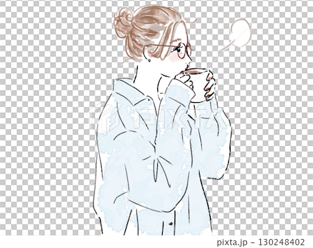 コーヒーを飲む横顔のお団子ヘア女性 130248402