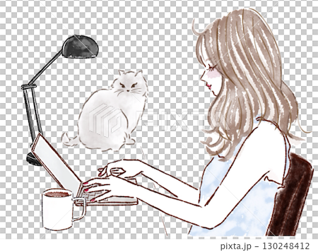 猫と一緒にリモートワークする女性 130248412