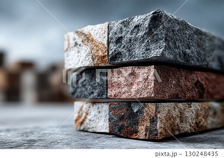 Building material. Texture. Stacked bricks with a trowel and mortar. Close-up. Textured and ready for construction. 130248435
