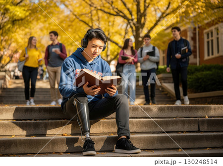 Student with prosthetic leg reading on campus 130248514