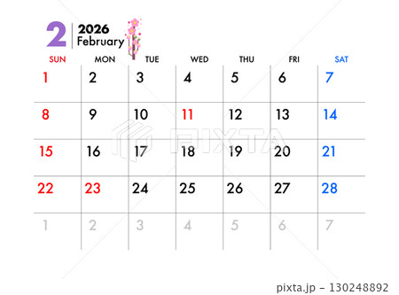2026年, カレンダー, 2月 130248892