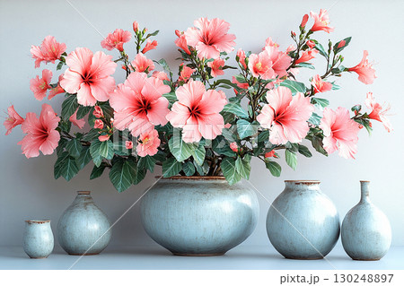 Perfect for eco-conscious branding. Big Hibiscus bush in vintage pot with fleshy leaves and pink flowers on a white background. 130248897