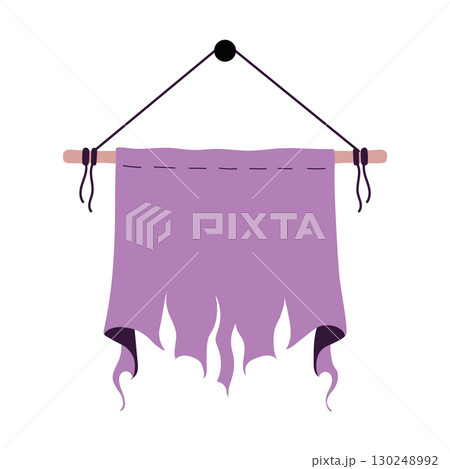 Halloween wall hanging flag in purple with ragged spooky edges. Perfect for party decoration, banners, posters and seasonal holiday designs. Flat vector illustration. 130248992